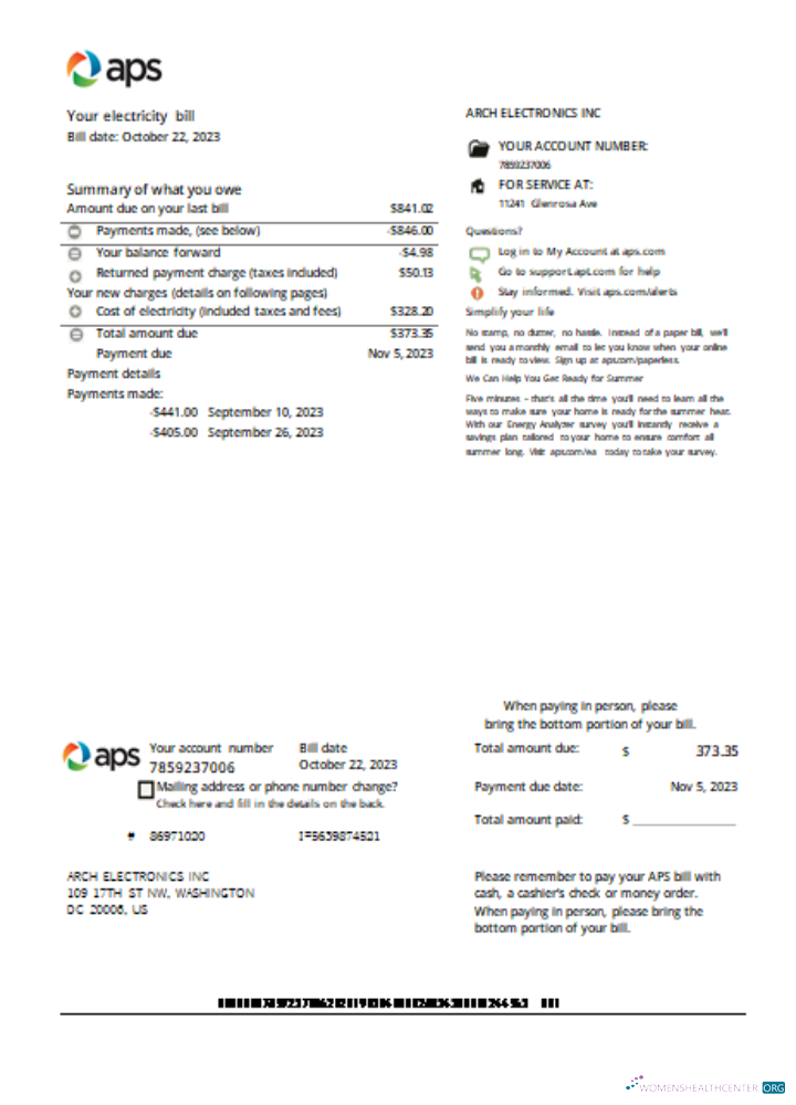 Download Arizona APS electricity proof of address utility business bill SCR Photoshop template